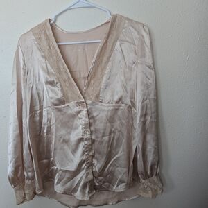 Silky Lace-Trim Blouse in Light Beige